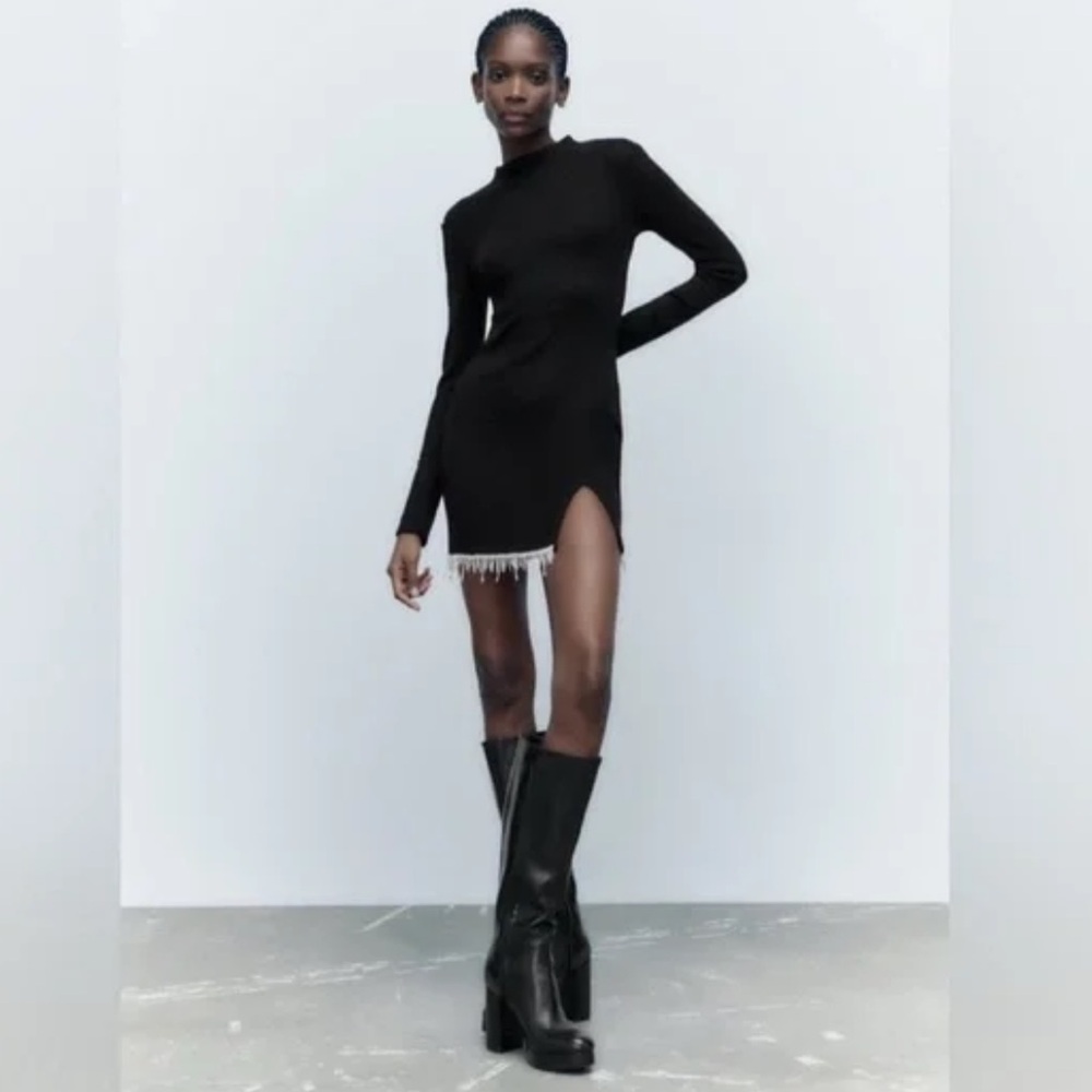 Zara Sweater Knit Dress Black with Rhinestone Fringe Detail